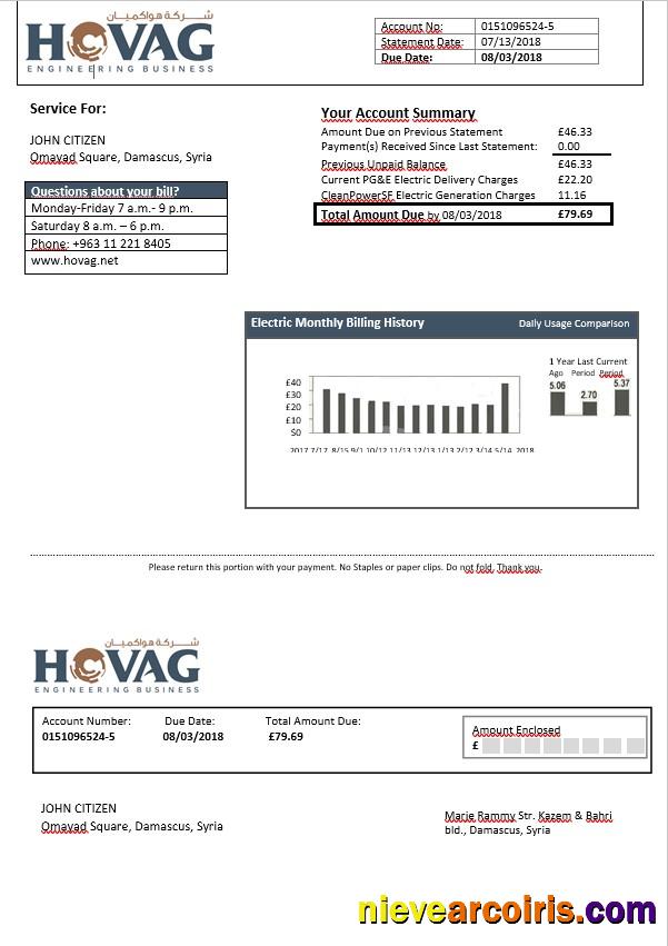 Syria HOVAG electricity bill